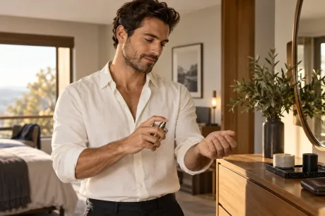 Man applying perfume to his wrist as part of his morning routine