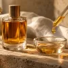 Perfume bottle beside a golden drop of fragrance oil in a pipette