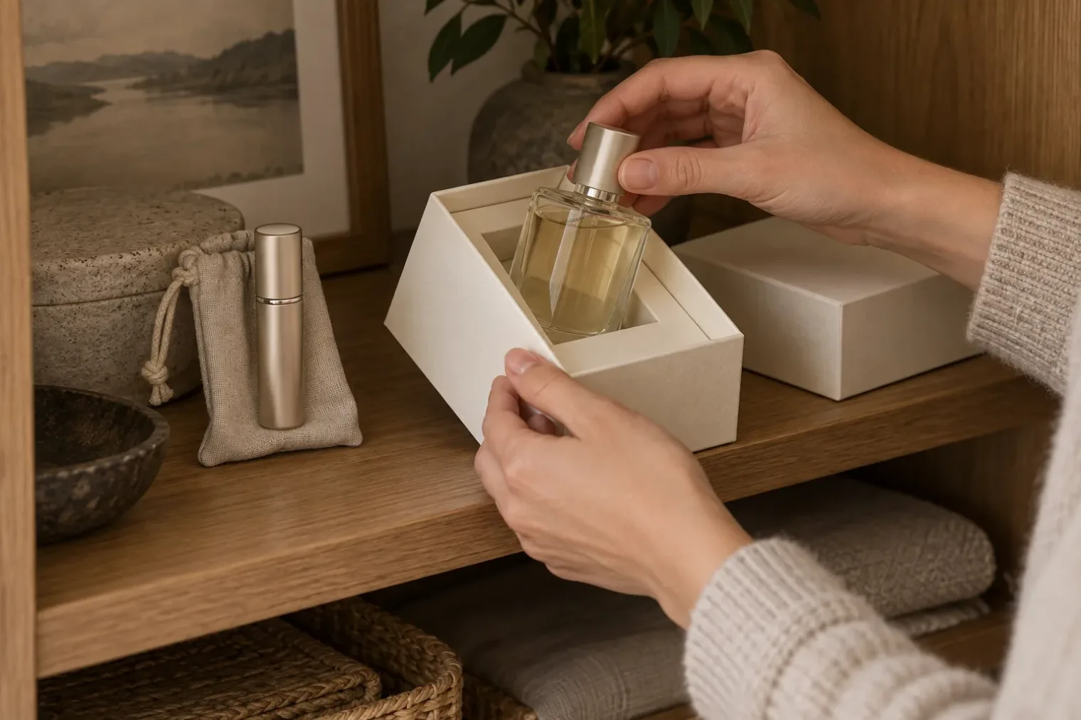 Hands placing a perfume bottle into a protective box beside a small atomiser