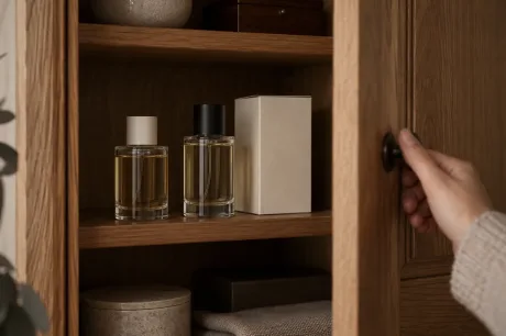 Perfume bottles and an opaque box inside a shaded wooden cupboard