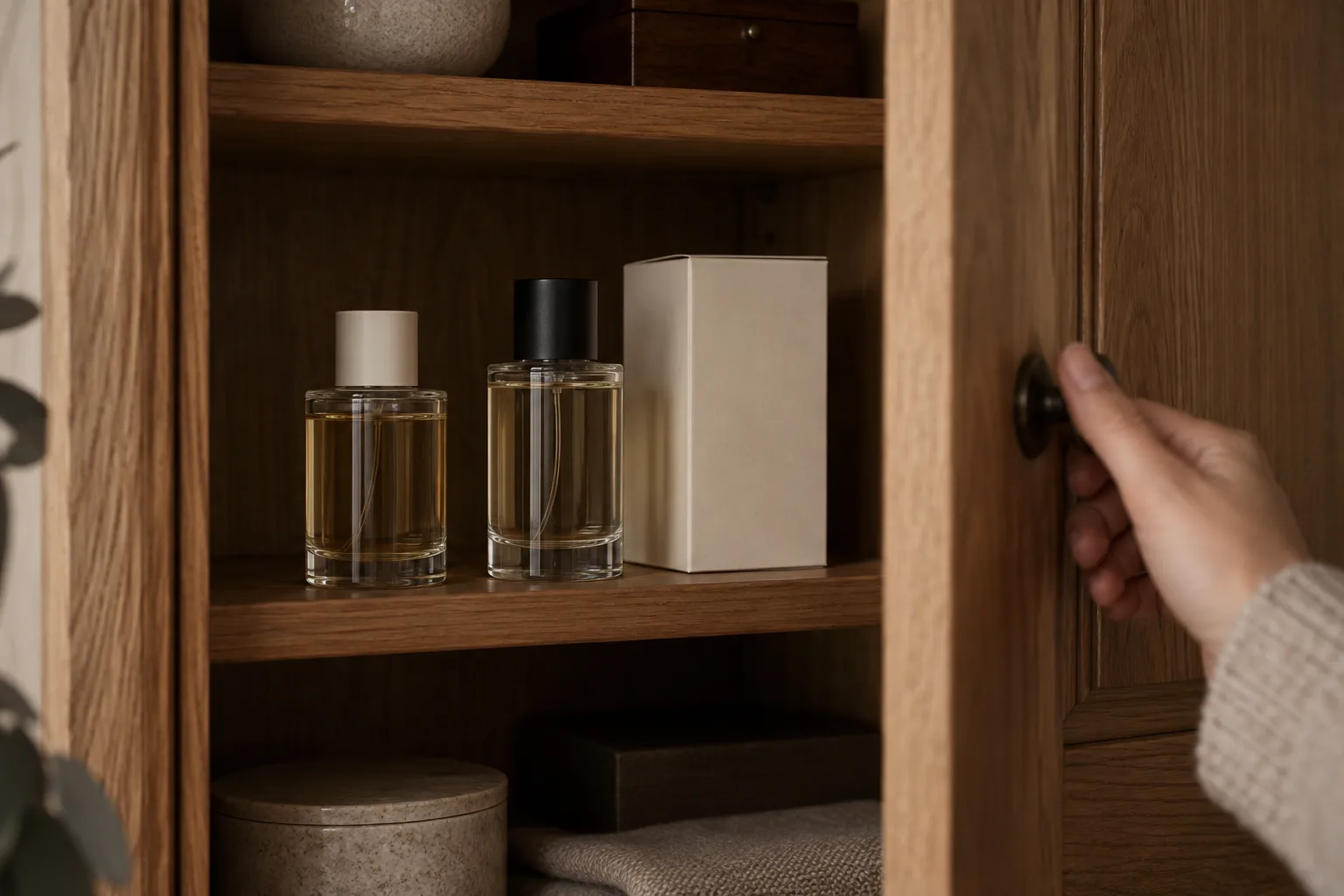 Perfume bottles and an opaque box inside a shaded wooden cupboard