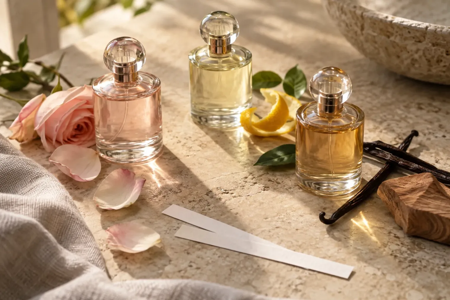 Perfume bottles with rose, citrus, vanilla and wood accents suggesting fragrance styles